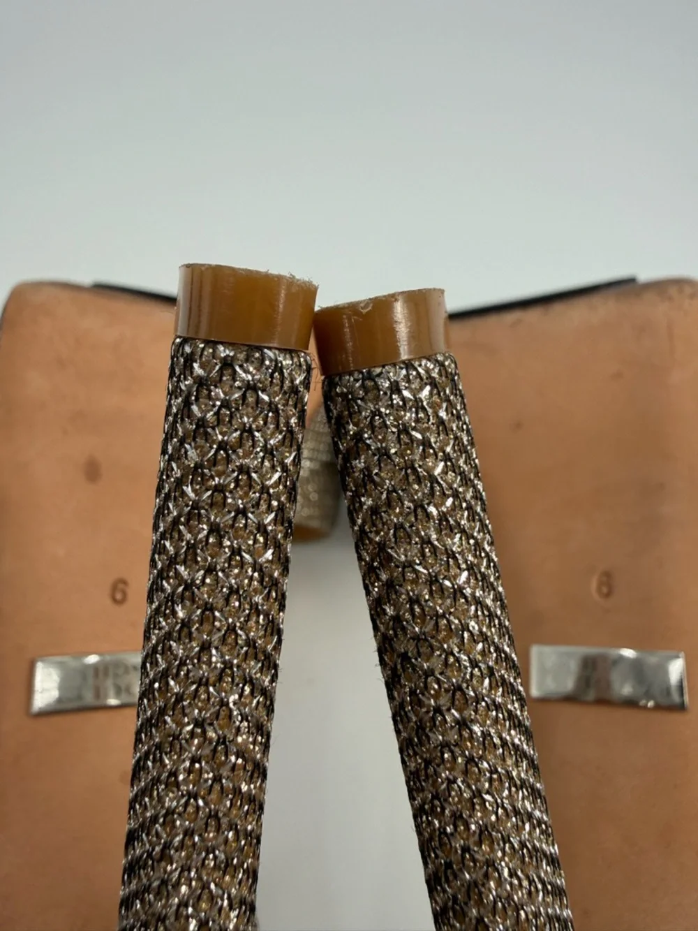 Badgley Mischka Gold Glitter Platform Stiletto Heels Ankle Strap Evening SZ 9